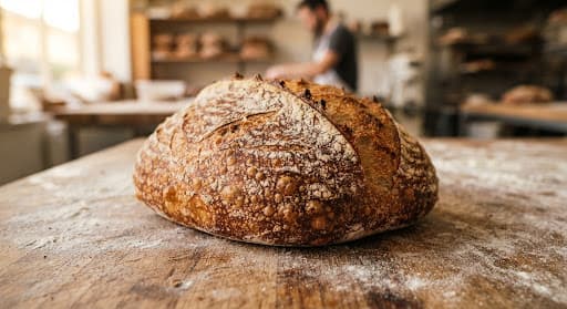 A freshly scored sourdough loaf on a floured workbench