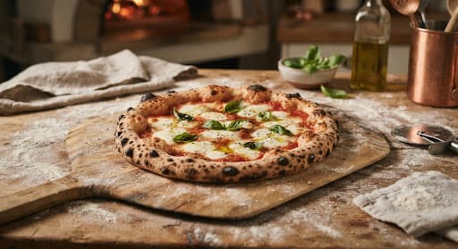 A sourdough pizza with a leopard-spotted charred crust on a wooden peel