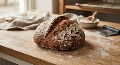 Rustic sourdough loaf with a deep caramel crust and distinct ear score marks, dusted with flour