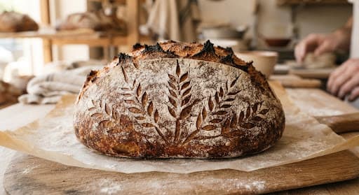 A beautifully scored sourdough loaf fresh from the oven, crust dusted with flour in an intricate wheat pattern