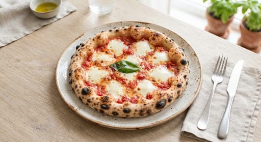 Overhead view of a sourdough pizza with a leopard-spotted charred crust and fresh basil